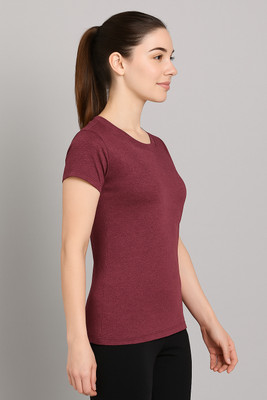 F65 Solid Women Round Neck Maroon T-Shirt