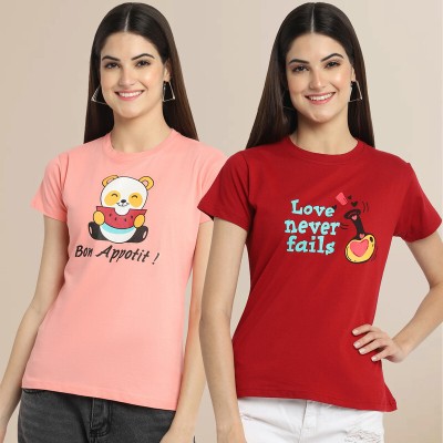 METRONAUT Printed Women Round Neck Red, Pink T-Shirt