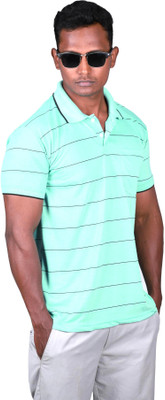 P O R R F A S H I O N Striped Men Polo Neck Light Green T-Shirt