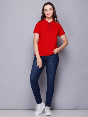 ELPIDA Solid Women Polo Neck Red T-Shirt