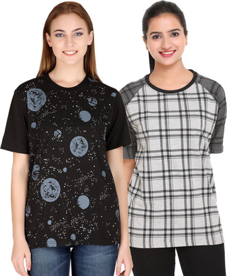 HouseOfCommon Checkered Women Round Neck Multicolor T-Shirt