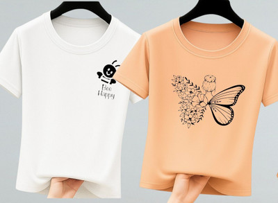 LAVENIR Graphic Print Women Round Neck White, Pink T-Shirt
