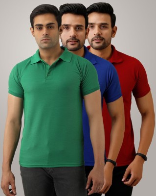 Galatea Solid Men Polo Neck Dark Blue, Green, Red T-Shirt