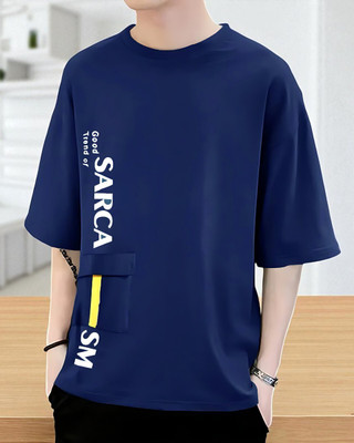 FAOES Typography Men Round Neck Navy Blue T-Shirt