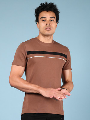V-MART Colorblock Men Round Neck Brown T-Shirt