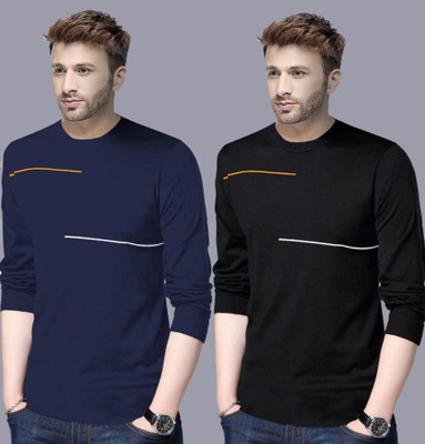 Reya Striped Men Round Neck Blue, Black T-Shirt