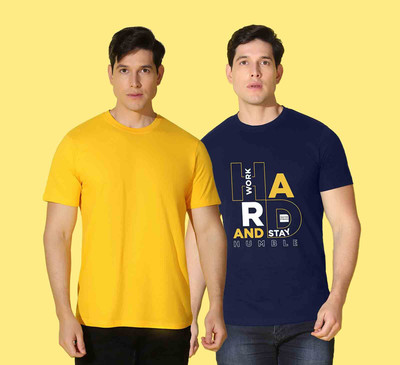 WOOSTRO Typography, Solid Men Round Neck Black, Yellow T-Shirt