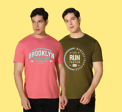WOOSRTO Printed, Solid Men Round Neck Pink, Dark Green T-Shirt