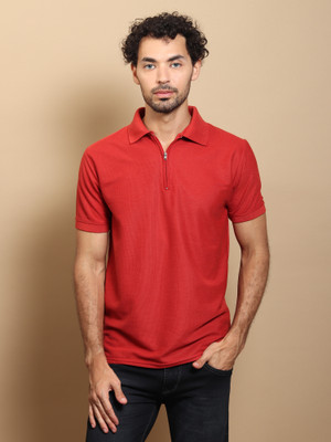 DOKCHAN Solid Men Zip Neck Red T-Shirt