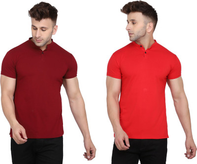 Blisstone Solid Men Mandarin Collar Red, Maroon T-Shirt