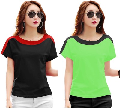 BASE 41 Colorblock Women Round Neck Black, Light Green T-Shirt