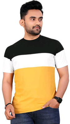 Nirvaan Striped Men Round Neck Yellow, Black T-Shirt