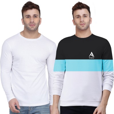 Kroptee Colorblock, Solid Men Round Neck Light Blue, White T-Shirt