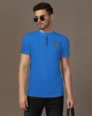 Lawful Casual Printed Men Mandarin Collar Blue T-Shirt