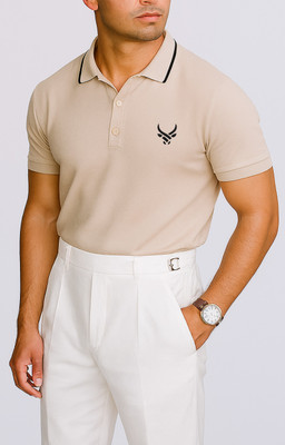 ZAKIRA Embroidered Men Polo Neck Beige T-Shirt