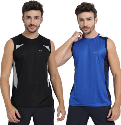FTX Solid Men Round Neck Blue, Black T-Shirt