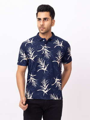 EMERALD Printed Men Polo Neck Dark Blue T-Shirt