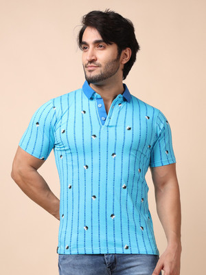 BERRYBLUES Printed Men Polo Neck Blue T-Shirt