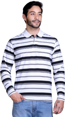 SANE ORIGINALS Striped Men Polo Neck White T-Shirt