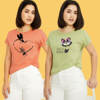 Kintu Parantu Printed Women Round Neck Pink, Green T-Shirt