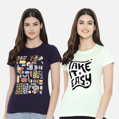 Fabflee Casual Printed Women Dark Blue, Light Green Top