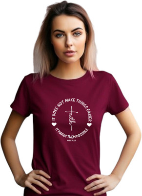 Witty Curlss Printed Women Round Neck Maroon T-Shirt