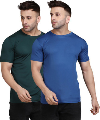 INDIZO Solid Men Round Neck Green, Blue T-Shirt