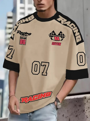 Jump Cuts Printed Men Round Neck Beige T-Shirt