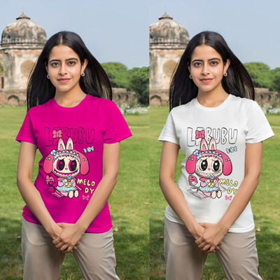 Parona Printed Women Round Neck Pink, White T-Shirt