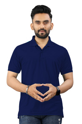 Gally Solid Men Polo Neck Navy Blue T-Shirt