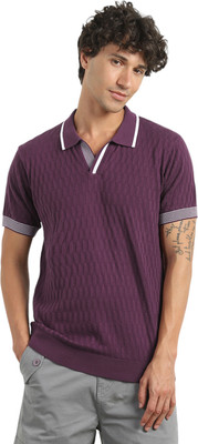 NOBERO Self Design Men Polo Neck Purple T-Shirt