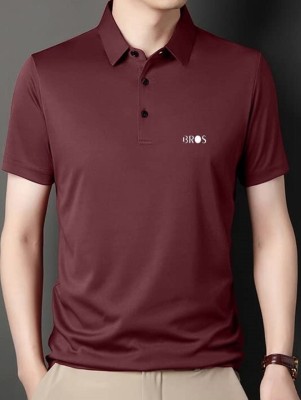 3BROS Solid Men Polo Neck Maroon T-Shirt