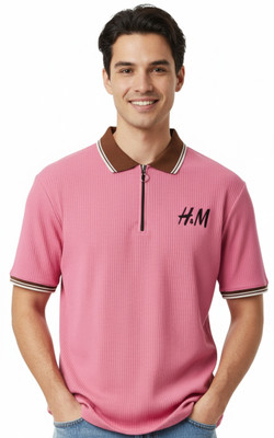 Reathreads Solid Men Polo Neck Pink T-Shirt