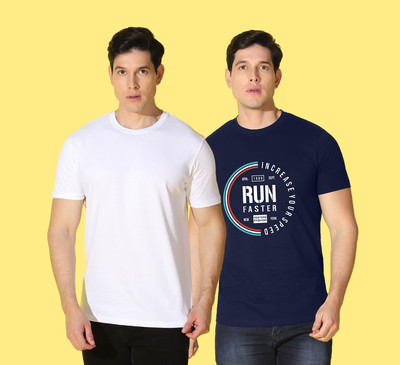 WOOSTRO Printed, Solid Men Round Neck Blue, White T-Shirt