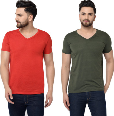 Tresna Trending Solid Men V Neck Red, Green T-Shirt