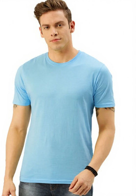 Anything Solid Men Round Neck Light Blue T-Shirt
