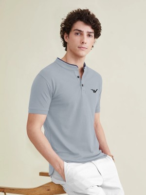 FABWAX Solid Men Mandarin Collar Grey T-Shirt