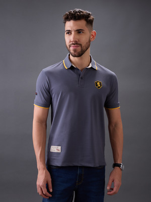 GIORDANO Solid Men Polo Neck Grey T-Shirt