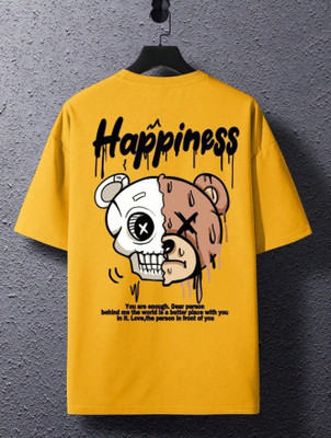 Madilyn Self Design Men Round Neck Reversible Yellow T-Shirt