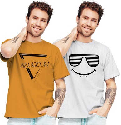 FADMARK Printed Men Round Neck Brown, White T-Shirt