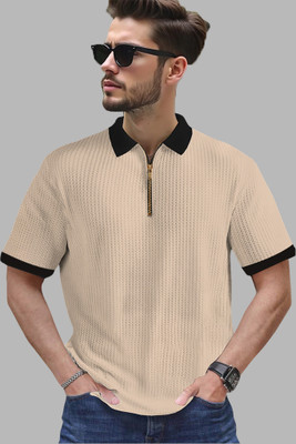 Conway Self Design Men Zip Neck Beige T-Shirt