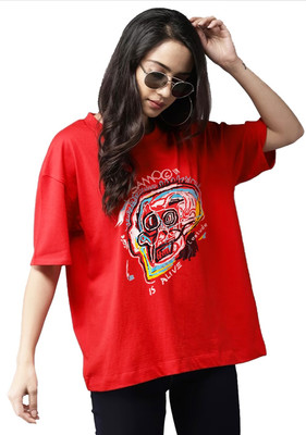 JUST ROAR Printed Women Round Neck Red T-Shirt
