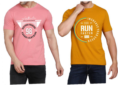 WOOSTRO Graphic Print Men Round Neck Pink, Yellow T-Shirt