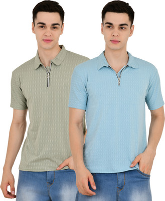 KEOTI Self Design Men Polo Neck Grey, Blue T-Shirt