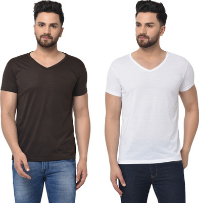 JB Jangoboy Solid Men V Neck White, Brown T-Shirt