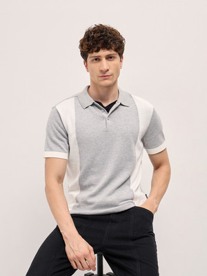 THE BEAR HOUSE Striped Men Polo Neck Grey T-Shirt