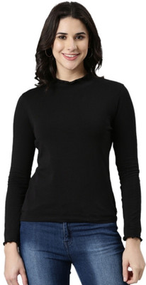 TWIN BIRDS Solid Women High Neck Black T-Shirt