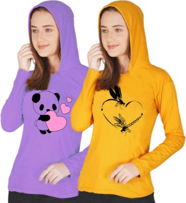 Kintu Parantu Printed Women Hooded Neck Purple, Yellow T-Shirt