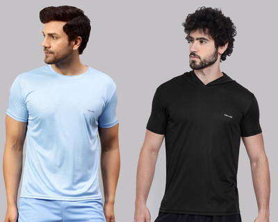 UDI n ADI Solid Men Round Neck Light Blue, Black T-Shirt