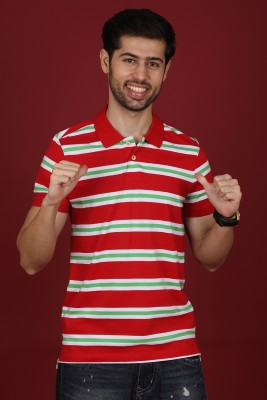 Hopping Deer on Redline Striped Men Polo Neck Red, White, Green T-Shirt